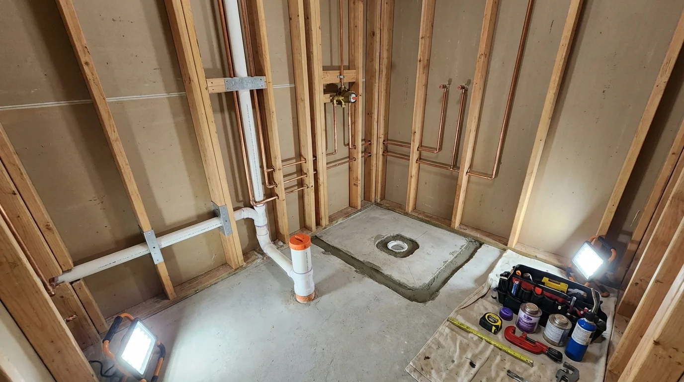 Bathroom rough-in plumbing during remodel by Johns Plumbing LLC in Redding