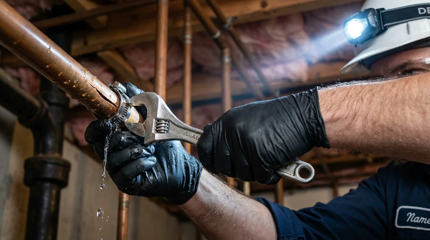 Emergency pipe clamp repair being performed by a Johns Plumbing LLC plumber in Redding