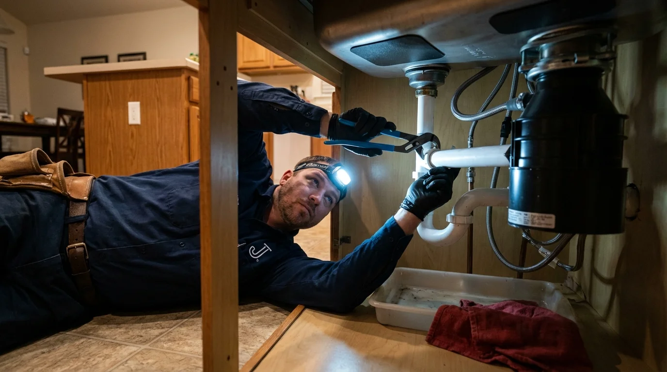 P-trap and supply line connections under a kitchen sink showing a common leak point in Redding, CA